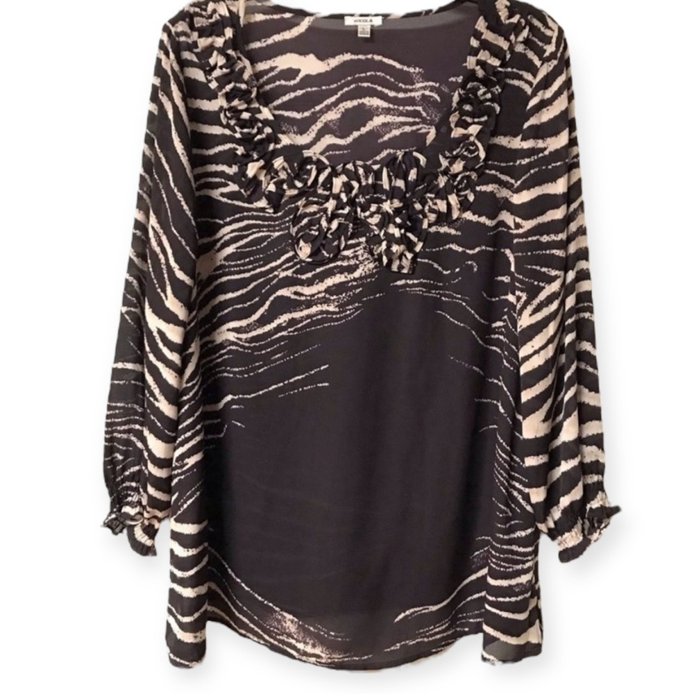 Nicola Womens Large Tunic Top Animal Print Scoop Neck Ruffle Detail Brown Cream